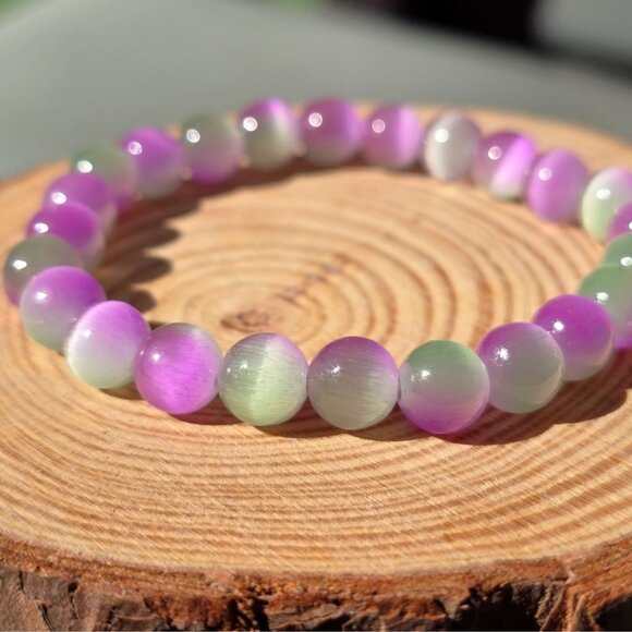 Cat’s Eye Gemstone Bracelet – Handmade w/ Purple & Green Beads for Focus & Luck - Picture 3 of 15